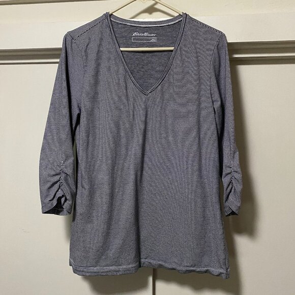 Eddie Bauer 3/4 length sleeve, navy & white striped tunic, size L - Picture 1 of 11